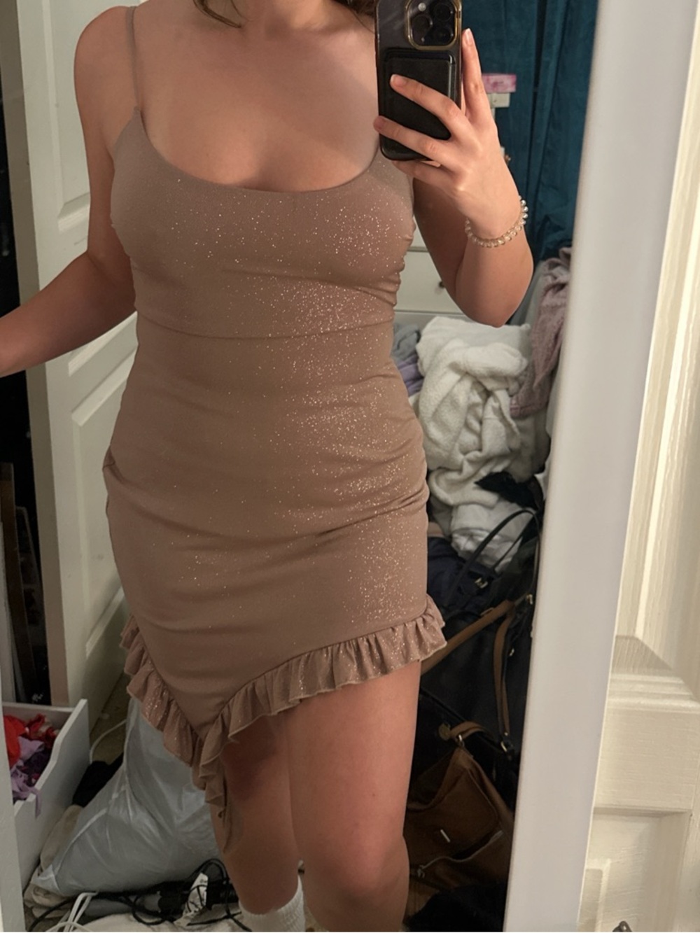 Windsor Sparkle Ruffle Hem Nude Mini Dress